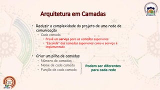 • Reduzir a complexidade do projeto de uma rede de
comunicação
– Cada camada
• Provê um serviço para as camadas superiores
• “Esconde” das camadas superiores como o serviço é
implementado
• Criar um pilha de camadas
– Número de camadas
– Nome de cada camada
– Função de cada camada
Podem ser diferentes
para cada rede
 