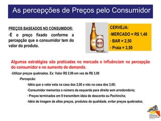 As percepções de Preços pelo Consumidor PREÇOS BASEADOS NO CONSUMIDOR: É o preço fixado conforme a percepção que o consumidor tem do valor do produto. CERVEJA: MERCADO = R$ 1,48 BAR = 2,50 Praia = 3,50 Algumas estratégias são praticadas no mercado e influênciam na percepção do consumidor e no aumento de demanda. Utilizar preços quebrados. Ex: Valor R$ 2,99 em vez de R$ 3,00 Percepcão:  Idéia que o valor esta na casa dos 2,00 e não na casa dos 3,00; Consumidor memoriza o número da esquerda para direita sem arredondá-lo; Preços terminados em 9 transmitem ideia de desconto ou Pechincha; Idéia de imagem de altos preços, produtos de qualidade, evitar preços quebrados; 