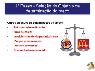 Outros objetivos da determinação de preços: Retorno do investimento; fluxo de caixa; posicionamento do produto/marca; Preços promocionais; Volume de vendas; Concorrência no mercado. 1º Passo - Seleção do Objetivo da determinação do preço 