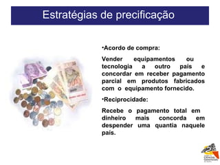 Acordo de compra: Vender equipamentos ou  tecnologia a outro país e concordar em receber pagamento parcial em produtos fabricados com  o  equipamento fornecido. Reciprocidade: Recebe o pagamento total em  dinheiro mais concorda em despender uma quantia naquele país. Estratégias de precificação  