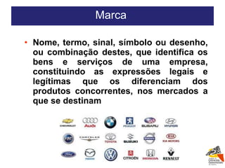 Nome, termo, sinal, símbolo ou desenho, ou combinação destes, que identifica os bens e serviços de uma empresa, constituindo as expressões legais e legítimas que os diferenciam dos produtos concorrentes, nos mercados a que se destinam Marca  