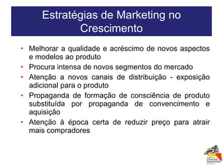 Melhorar a qualidade e acréscimo de novos aspectos e modelos ao produto Procura intensa de novos segmentos do mercado Atenção a novos canais de distribuição - exposição adicional para o produto Propaganda de formação de consciência de produto substituída por propaganda de convencimento e aquisição Atenção à época certa de reduzir preço para atrair mais compradores Estratégias de Marketing no Crescimento 