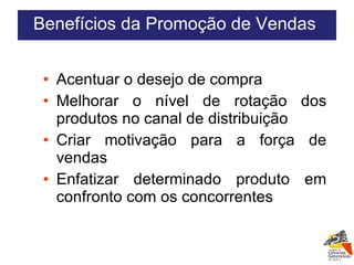 Acentuar o desejo de compra Melhorar o nível de rotação dos produtos no canal de distribuição Criar motivação para a força de vendas Enfatizar determinado produto em confronto com os concorrentes Benefícios da Promoção de Vendas  