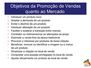Introduzir um produto novo Ampliar a demanda de um produto Evitar o declínio de um produto Introduzir alteração de um produto Facilitar e acelerar a transição entre marcas Combater ou redimensionar as alterações de preço Estimular a venda fora da época tradicional Provocar o interesse por produtos de baixa rotação Beneficiar, renovar ou identificar a imagem ou a marca  de um produto Dinamizar a rotação no local de venda Conquistar uma posição privilegiada no local de venda Ajustar eficazmente um produto ao local de venda Objetivos da Promoção de Vendas quanto ao Mercado  