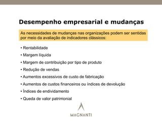 Desempenho empresarial e mudanças
As necessidades de mudanças nas organizações podem ser sentidas
por meio da avaliação de indicadores clássicos:
• Rentabilidade
• Margem líquida
• Margem de contribuição por tipo de produto
• Redução de vendas
• Aumentos excessivos de custo de fabricação
• Aumentos de custos financeiros ou índices de devolução
• Índices de endividamento
• Queda de valor patrimonial
 