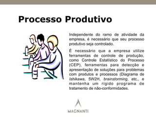 Processo Produtivo
Independente do ramo de atividade da
empresa, é necessário que seu processo
produtivo seja controlado.
É necessário que a empresa utilize
ferramentas de controle de produção,
como Controle Estatístico do Processo
(CEP), ferramentas para detecção e
apresentação de soluções para problemas
com produtos e processos (Diagrama de
Ishikawa, 5W2H, brainstorming, etc., e
mantenha um rígido programa de
tratamento de não-conformidades.
 