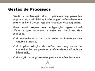 Gestão de Processos
Desde a implantação dos primeiros agrupamentos
empresarias, a administração das organizações obedece a
estruturas hierárquicas, representadas por organogramas.
Novo cenário requer uma configuração organizacional
diferente que reordene a estrutura funcional das
empresas:
ü  A interação e a harmonia entre as interfaces dos
setores e tarefas;
ü  A implementação de ações ou programas de
comunicação que garantam a eficiência e a eficácia da
informação;
ü  A adoção do empowerment para as funções decisoras;
 