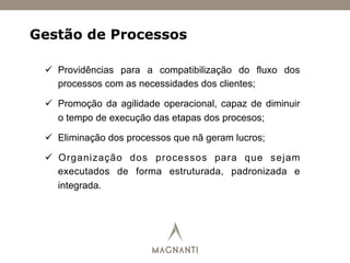 Gestão de Processos
ü  Providências para a compatibilização do fluxo dos
processos com as necessidades dos clientes;
ü  Promoção da agilidade operacional, capaz de diminuir
o tempo de execução das etapas dos procesos;
ü  Eliminação dos processos que nã geram lucros;
ü  Organização dos processos para que sejam
executados de forma estruturada, padronizada e
integrada.
 