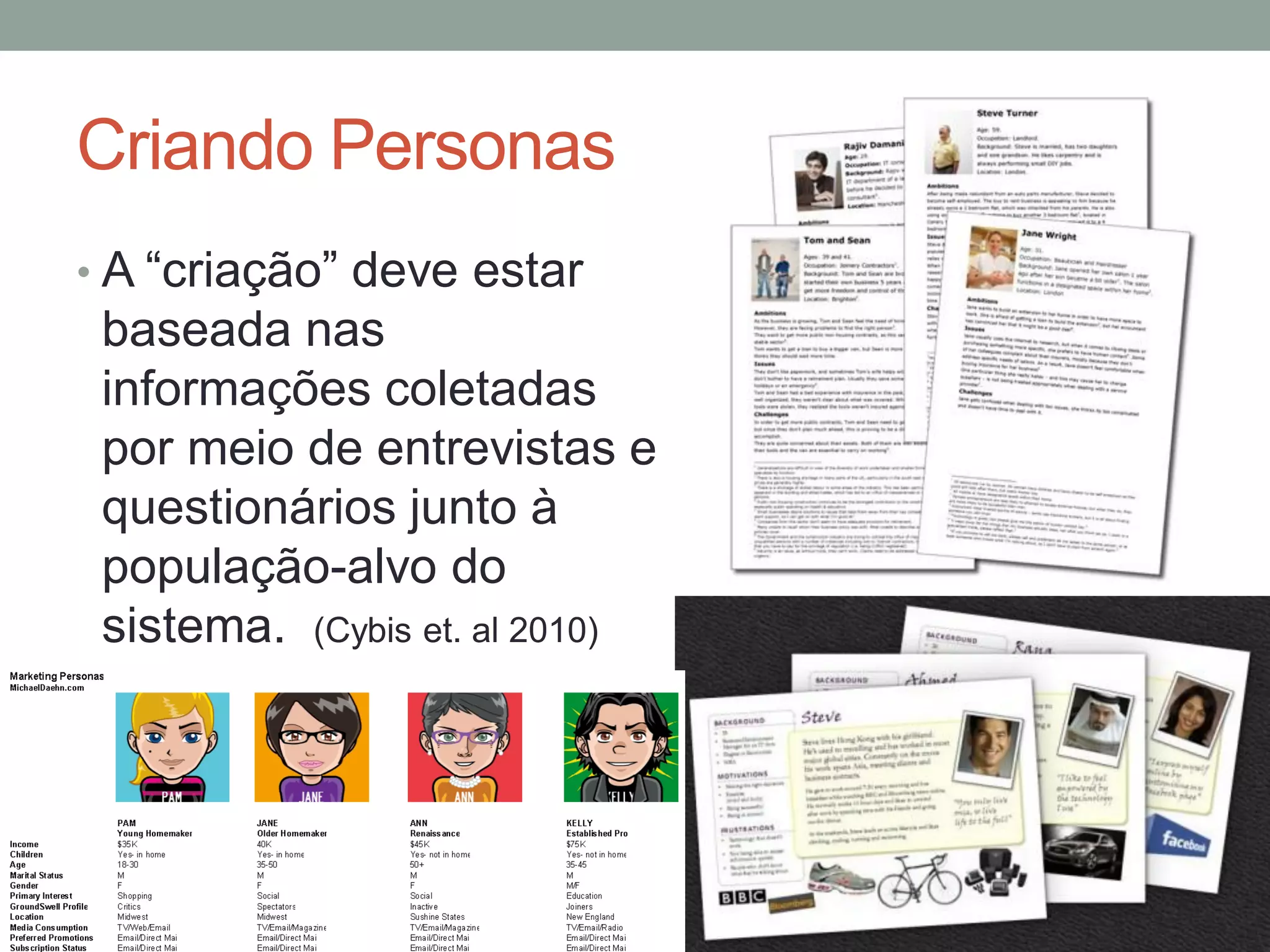 Criando Personas
• A “criação” deve estar
baseada nas
informações coletadas
por meio de entrevistas e
questionários junto à
população-alvo do
sistema. (Cybis et. al 2010)
 