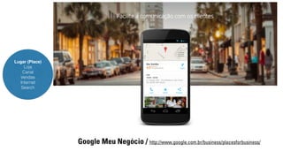 Lugar (Place) 
Loja 
Canal 
Vendas 
Internet 
Search 
Google Meu Negócio / http://www.google.com.br/business/placesforbusiness/ 
 