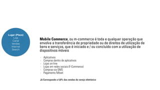 Lugar (Place) 
Loja 
Canal 
Vendas 
Internet 
Search 
Mobile Commerce, ou m-commerce é toda e qualquer operação que 
envolva a transferência de propriedade ou de direitos de utilização de 
bens e serviços, que é iniciado e / ou concluído com a utilização de 
dispositivos móveis 
- Aplicativos 
- Compras dentro de aplicativos 
- Lojas on-line 
- Lojas em redes sociais (F-Commerce) 
- Compras via SMS 
- Pagamento Móvel 
Já Corresponde a 4,8% das vendas do varejo eletrônico 
 