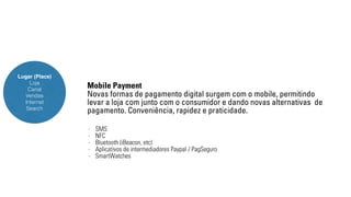 Lugar (Place) 
Loja 
Canal 
Vendas 
Internet 
Search 
Mobile Payment 
Novas formas de pagamento digital surgem com o mobile, permitindo 
levar a loja com junto com o consumidor e dando novas alternativas de 
pagamento. Conveniência, rapidez e praticidade. 
- SMS 
- NFC 
- Bluetooth (iBeacon, etc) 
- Aplicativos de intermediadores Paypal / PagSeguro 
- SmartWatches 
 