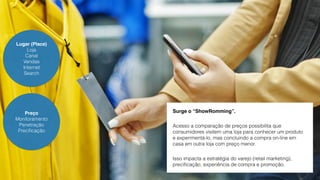 Surge o “ShowRomming”. 
Acesso a comparação de preços possibilita que 
consumidores visitem uma loja para conhecer um produto 
e experimentá-lo, mas concluindo a compra on-line em 
casa em outra loja com preço menor. 
Isso impacta a estratégia do varejo (retail marketing), 
precificação, experiência de compra e promoção. 
Lugar (Place) 
Loja 
Canal 
Vendas 
Internet 
Search 
Preço 
Monitoramento 
Penetração 
Precificação 
 