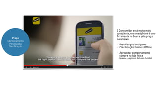 Preço 
Monitoramento 
Penetração 
Precificação 
O Consumidor está muito mais 
consciente, e o smartphone é uma 
ferramenta na busca pelo preço 
mais baixo. 
- Precificação inteligente 
- Precificação Online x Offline 
- Aproveitar comportamento 
compra na loja física 
(pressa, pagto em dinheiro, hábito) 
 