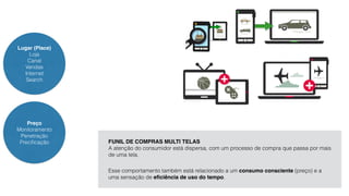 FUNIL DE COMPRAS MULTI TELAS 
A atenção do consumidor está dispersa, com um processo de compra que passa por mais 
de uma tela. 
Esse comportamento também está relacionado a um consumo consciente (preço) e a 
uma sensação de eficiência de uso do tempo. 
Lugar (Place) 
Loja 
Canal 
Vendas 
Internet 
Search 
Preço 
Monitoramento 
Penetração 
Precificação 
 