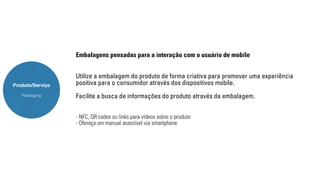 Produto/Serviço 
Packaging 
Embalagens pensadas para a interação com o usuário de mobile 
Utilize a embalagem do produto de forma criativa para promover uma experiência 
positiva para o consumidor através dos dispositivos mobile. 
Facilite a busca de informações do produto através da embalagem. 
- NFC, QR codes ou links para vídeos sobre o produto 
- Ofereça um manual acessível via smartphone 
 