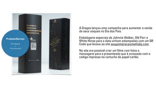 A Diageo lançou uma campanha para aumentar a venda 
de seus uísques no Dia dos Pais. 
Embalagens especiais de Johnnie Walker, Old Parr e 
White Horse para a data vinham estampadas com um QR 
Code que levava ao site seupaimereceumwhisky.com. 
No site era possível criar um filme com fotos e 
mensagens para o presenteado que é acessado com o 
código impresso no cartucho de papel cartão. 
Produto/Serviço 
Packaging 
+ 
Promocional 
 