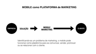 MOBILE como PLATAFORMA de MARKETING 
EMPRESA SOLUÇÃO MOBILE CLIENTE 
MARKETING 
Identificando-se um problema de marketing, o mobile pode 
funcionar como plataforma para se comunicar, vender, promover 
ou se relacionar com o cliente. 
 