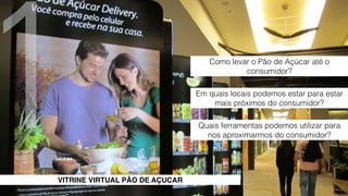 1 Como levar o Pão de Açúcar até o 
VITRINE VIRTUAL PÃO DE AÇUCAR 
consumidor? 
Em quais locais podemos estar para estar 
mais próximos do consumidor? 
Quais ferramentas podemos utilizar para 
nos aproximarmos do consumidor? 
 