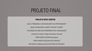PROJETO FINAL 
PROJETO DEVE CONTER 
QUAL O PROBLEMA A SER RESOLVIDO? OU OPORTUNIDADE? 
QUAIS TECNOLOGIAS VAMOS UTILIZAR? E COMO? 
UTILIZAÇÃO DE UMA DAS FERRAMENTAS DE VISUALIZAÇÃO 
(Jornada do Usuário, Mapa de Empatia, Persona) 
COMO SERÁ UTILIZADO (exemplos) 
COMO VAMOS DIVULGAR ESSE SERVIÇO? 
EM QUAIS Ps (Marketing Mix) ESSA IDEIA SE ENCAIXA? 
 