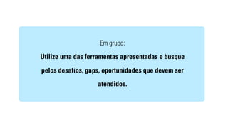 Em grupo: 
Utilize uma das ferramentas apresentadas e busque 
pelos desafios, gaps, oportunidades que devem ser 
atendidos. 
 