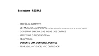 Brainstorm - REGRAS 
- ADIE O JULGAMENTO 
- ESTIMULE IDEIAS RADICAIS (não ligue se é possível tecnicamente, ou se faz sentido p/ negócio) 
- CONSTRUA EM CIMA DAS IDEIAS DOS OUTROS 
- MANTENHA O FOCO NO TEMA 
- SEJA VISUAL 
- SOMENTE UMA CONVERSA POR VEZ 
- ALMEJE QUANTIDADE, NÃO QUALIDADE 
 