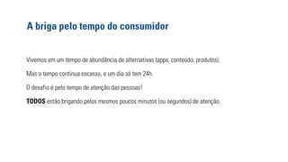 A briga pelo tempo do consumidor 
Vivemos em um tempo de abundância de alternativas (apps, conteúdo, produtos). 
Mas o tempo continua escasso, e um dia só tem 24h. 
O desafio é pelo tempo de atenção das pessoas! 
TODOS estão brigando pelos mesmos poucos minutos (ou segundos) de atenção. 
 