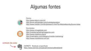 Algumas fontes 
Dados: 
http://www.teleco.com.br/ 
http://think.withgoogle.com/mobileplanet/en/ 
http://www.nielsen.com/br/pt/search.html?q=Mobile&sortbyScore=false 
Novidades: 
http://www.mmaglobal.com 
http://mobilemarketingmagazine.com 
http://www.mobilize.org.br 
http://mashable.com/category/mobile-marketing/ 
http://www.mobiletime.com.br/ 
EVERNOTE - Notebook compartilhado 
https://www.evernote.com/pub/patricksilveira/dbmobilemkt 
conteúdo das aulas 
 