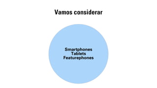 Vamos considerar 
Smartphones 
Tablets 
Featurephones 
 