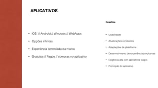 APLICATIVOS 
• iOS // Android // Windows // WebApps 
• Opções infinitas 
• Experiência controlada da marca 
• Gratuitos // Pagos // compras no aplicativo 
Desafios 
• Usabilidade 
• Atualizações constantes 
• Adaptações de plataforma 
• Desenvolvimento de experiências exclusivas 
• Exigência alta com aplicativos pagos 
• Promoção do aplicativo 
 