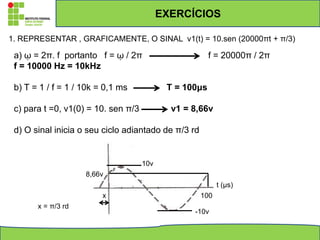 EXERCÍCIOS
1. REPRESENTAR , GRAFICAMENTE, O SINAL v1(t) = 10.sen (20000πt + π/3)
a) ῳ = 2π. f portanto f = ῳ / 2π f = 20000π / 2π
f = 10000 Hz = 10kHz
b) T = 1 / f = 1 / 10k = 0,1 ms T = 100μs
c) para t =0, v1(0) = 10. sen π/3 v1 = 8,66v
d) O sinal inicia o seu ciclo adiantado de π/3 rd
t (μs)
100
10v
8,66v
x
x = π/3 rd
-10v
 