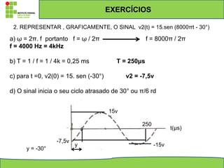 EXERCÍCIOS
2. REPRESENTAR , GRAFICAMENTE, O SINAL v2(t) = 15.sen (8000πt - 30°)
a) ῳ = 2π. f portanto f = ῳ / 2π f = 8000π / 2π
f = 4000 Hz = 4kHz
b) T = 1 / f = 1 / 4k = 0,25 ms T = 250μs
c) para t =0, v2(0) = 15. sen (-30°) v2 = -7,5v
d) O sinal inicia o seu ciclo atrasado de 30° ou π/6 rd
t(μs)
250
y
15v
-15v
y = -30°
-7,5v
 