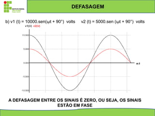 b) v1 (t) = 10000.sen(ῳt + 90°) volts v2 (t) = 5000.sen (ῳt + 90°) volts
DEFASAGEM
A DEFASAGEM ENTRE OS SINAIS É ZERO, OU SEJA, OS SINAIS
ESTÃO EM FASE
 