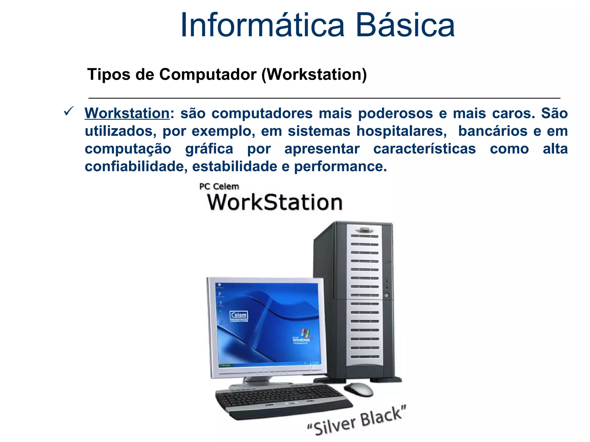 Informática Básica Tipos de Computador (Workstation) Workstation : são computadores mais poderosos e mais caros. São utilizados, por exemplo, em sistemas hospitalares,  bancários e em computação gráfica por apresentar características como alta confiabilidade, estabilidade e performance. 