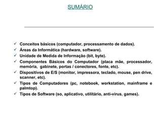 SUMÁRIO Tópicos abordados: Conceitos básicos (computador, processamento de dados). Áreas da Informática (hardware, software). Unidade de Medida de Informação (bit, byte). Componentes Básicos do Computador (placa mãe, processador, memória,  gabinete, portas / conectores, fonte, etc). Dispositivos de E/S (monitor, impressora, teclado, mouse, pen drive, scanner, etc). Tipos de Computadores (pc, notebook, workstation, mainframe e palmtop). Tipos de Software (so, aplicativo, utilitário, anti-vírus, games). 