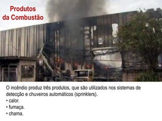 Produtos
da Combustão




 O incêndio produz três produtos, que são utilizados nos sistemas de
 detecção e chuveiros automáticos (sprinklers).
 • calor.
 • fumaça.
 • chama.
 
