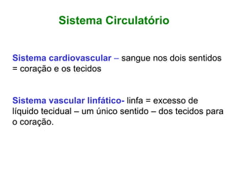 Sistema Circulatório
Sistema cardiovascular – sangue nos dois sentidos
= coração e os tecidos
Sistema vascular linfático- linfa = excesso de
líquido tecidual – um único sentido – dos tecidos para
o coração.
 