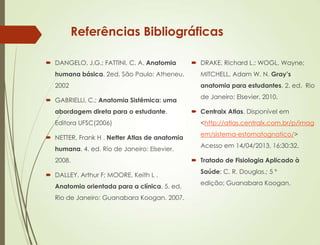 Referências Bibliográficas
 DANGELO, J.G.; FATTINI, C. A. Anatomia
humana básica. 2ed. São Paulo: Atheneu,
2002
 GABRIELLI, C.; Anatomia Sistêmica: uma
abordagem direta para o estudante.
Editora UFSC(2006)
 NETTER, Frank H . Netter Atlas de anatomia
humana. 4. ed. Rio de Janeiro: Elsevier.
2008.
 DALLEY, Arthur F; MOORE, Keith L .
Anatomia orientada para a clínica. 5. ed.
Rio de Janeiro: Guanabara Koogan. 2007.
 DRAKE, Richard L.; WOGL, Wayne;
MITCHELL, Adam W. N. Gray’s
anatomia para estudantes. 2. ed. Rio
de Janeiro: Elsevier, 2010.
 Centralx Atlas. Disponível em
<http://atlas.centralx.com.br/p/imag
em/sistema-estomatognatico/>
Acesso em 14/04/2013, 16:30:32.
 Tratado de Fisiologia Aplicado à
Saúde; C. R. Douglas.; 5 º
edição; Guanabara Koogan.
 
