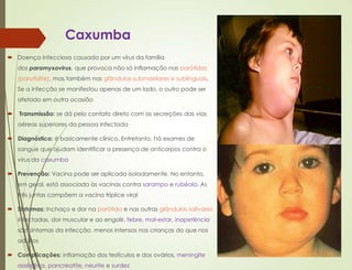 Caxumba
 Doença infecciosa causada por um vírus da família
dos paramyxovirus, que provoca não só inflamação nas parótidas
(parotidite), mas também nas glândulas submaxilares e sublinguais.
Se a infecção se manifestou apenas de um lado, o outro pode ser
afetado em outra ocasião
 Transmissão: se dá pelo contato direto com as secreções das vias
aéreas superiores da pessoa infectada
 Diagnóstico: é basicamente clínico. Entretanto, há exames de
sangue que ajudam identificar a presença de anticorpos contra o
vírus da caxumba
 Prevenção: Vacina pode ser aplicada isoladamente. No entanto,
em geral, está associada às vacinas contra sarampo e rubéola. As
três juntas compõem a vacina tríplice viral
 Sintomas: Inchaço e dor na parótida e nas outras glândulas salivares
infectadas, dor muscular e ao engolir, febre, mal-estar, inapetência
são sintomas da infecção, menos intensos nas crianças do que nos
adultos
 Complicações: inflamação dos testículos e dos ovários, meningite
asséptica, pancreatite, neurite e surdez
 