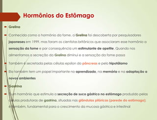  Grelina
 Conhecida como o hormônio da fome, a Grelina foi descoberta por pesquisadores
japoneses em 1999, mas foram os cientistas britânicos que associaram esse hormônio a
sensação da fome e por consequência um estimulante de apetite. Quando nos
alimentamos a secreção da Grelina diminui e a sensação da fome passa
 Também é secretada pelas células epsilon do pâncreas e pelo hipotálamo
 Ela também tem um papel importante no aprendizado, na memória e na adaptação a
novos ambientes
 Gastrina
 É um hormônio que estimula a secreção de suco gástrico no estômago produzido pelas
células produtoras de gastrina, situadas nas glândulas pilóricas (parede do estômago),
é também, fundamental para o crescimento da mucosa gástrica e intestinal
Hormônios do Estômago
 