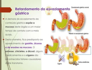  A demora do esvaziamento do
conteúdo gástrico expõe a
mucosa deste órgão a um maior
tempo de contato com o meio
ácido.
 Desta maneira, fica predisposto ao
aparecimento de gastrite, úlceras
e de erosões na mucosa. O
estresse, chicletes, o álcool, alguns
medicamentos e o cigarro são
reconhecidos fatores causadores
deste transtorno.
Retardamento do esvaziamento
gástrico
 