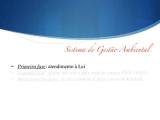 ➢ Primeira fase: atendimento à Lei 	

➢ Segunda fase: gestão pró-ativa para reduzir custos (ISO 14001)	

➢ Meta (terceira fase): gestão ambiental para a sustentabilidade
Sistema de Gestão Ambiental
 