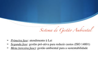 ➢ Primeira fase: atendimento à Lei 	

➢ Segunda fase: gestão pró-ativa para reduzir custos (ISO 14001)	

➢ Meta (terceira fase): gestão ambiental para a sustentabilidade
Sistema de Gestão Ambiental
 