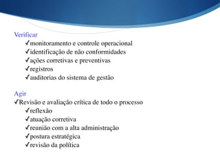 Verificar	

✓monitoramento e controle operacional	

✓identificação de não conformidades	

✓ações corretivas e preventivas	

✓registros	

✓auditorias do sistema de gestão
Agir	

✓Revisão e avaliação crítica de todo o processo	

✓reflexão	

✓atuação corretiva	

✓reunião com a alta administração	

✓postura estratégica	

✓revisão da política
 