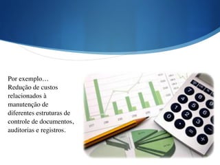 Por exemplo…	

Redução de custos
relacionados à
manutenção de
diferentes estruturas de
controle de documentos,
auditorias e registros.	

 