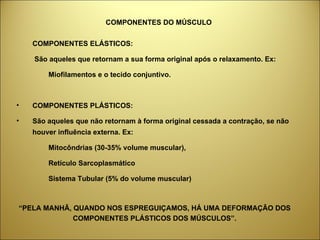 COMPONENTES DO MÚSCULO COMPONENTES ELÁSTICOS:   São aqueles que retornam a sua forma original após o relaxamento. Ex: Miofilamentos e o tecido conjuntivo. COMPONENTES PLÁSTICOS:  São aqueles que não retornam à forma original cessada a contração, se não houver influência externa. Ex: Mitocôndrias (30-35% volume muscular),  Retículo Sarcoplasmático Sistema Tubular (5% do volume muscular) “ PELA MANHÃ, QUANDO NOS ESPREGUIÇAMOS, HÁ UMA DEFORMAÇÃO DOS COMPONENTES PLÁSTICOS DOS MÚSCULOS”. 