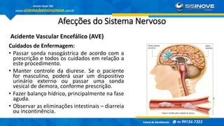 Afecções do Sistema Nervoso
Acidente Vascular Encefálico (AVE)
Cuidados de Enfermagem:
• Passar sonda nasogástrica de acordo com a
prescrição e todos os cuidados em relação a
este procedimento.
• Manter controle da diurese. Se o paciente
for masculino, poderá usar um dispositivo
urinário externo ou passar uma sonda
vesical de demora, conforme prescrição.
• Fazer balanço hídrico, principalmente na fase
aguda.
• Observar as eliminações intestinais – diarreia
ou incontinência.
 