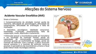 Afecções do Sistema Nervoso
Acidente Vascular Encefálico (AVE)
Sinais e Sintomas:
• Comprometimento da atividade mental: perda da
memória, dificuldade de aprendizagem, dificuldade de
compreensão, dificuldade de orientação e falta de
motivação.
• Distúrbios psicológicos: labilidade emocional,
hostilidade, frustração, ressentimento, falta de
cooperação, medo, depressão e isolamento.
• Disfunção vesical: a incontinência pode ser transitória
e ser resultado da confusão mental, perda da
capacidade de comunicação, comprometimento
sensitivo quanto ao enchimento da bexiga, perda do
controle do esfíncter. Com o tempo, o tônus muscular
vesical aumenta e o controle do esfíncter torna-se
possível. A persistência da incontinência urinária e fecal
pode indicar lesão neurológica extensa.
 