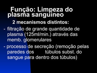   Função: Limpeza do plasma sanguíneo           2 mecanismos distintos:   - filtração de grande quantidade de plasma (125ml/min.) através das memb. glomerulares - processo de secreção (remoção pelas paredes dos    túbulos subst. do sangue para dentro dos túbulos) 