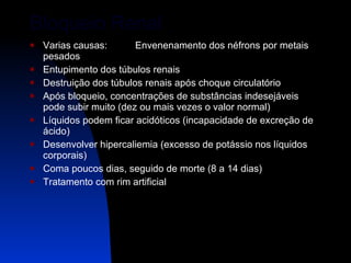 Bloqueio Renal Varias causas:  Envenenamento dos néfrons por metais pesados Entupimento dos túbulos renais  Destruição dos túbulos renais após choque circulatório Após bloqueio, concentrações de substâncias indesejáveis pode subir muito (dez ou mais vezes o valor normal) Líquidos podem ficar acidóticos (incapacidade de excreção de ácido) Desenvolver hipercaliemia (excesso de potássio nos líquidos corporais) Coma poucos dias, seguido de morte (8 a 14 dias) Tratamento com rim artificial 